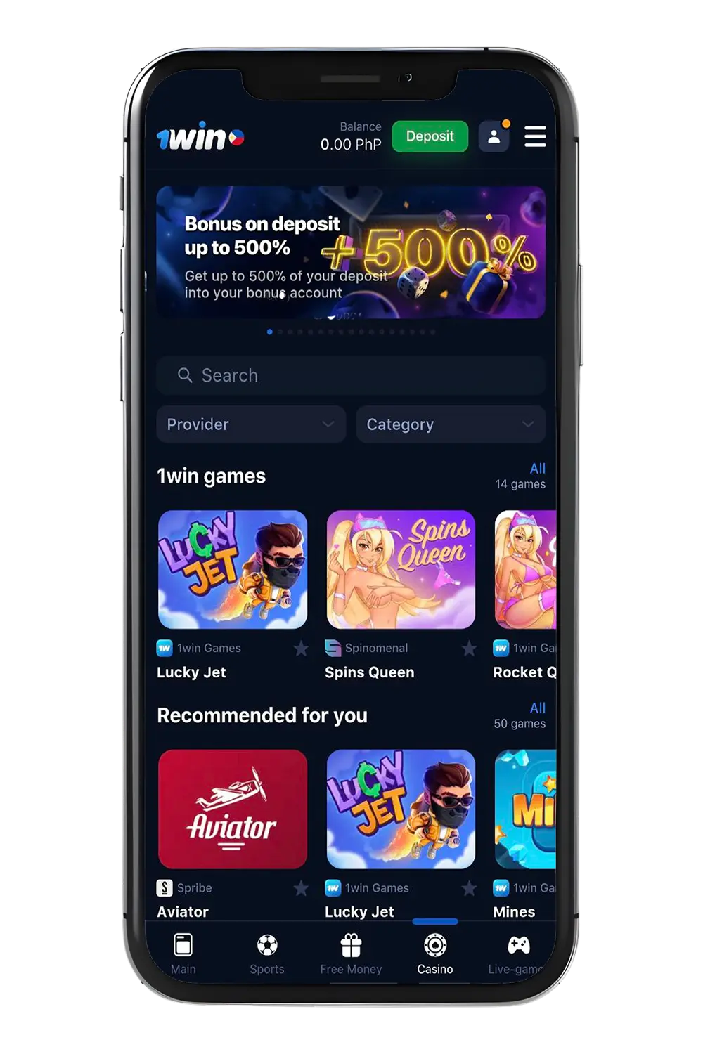 Screenshot of 1Win casino screen